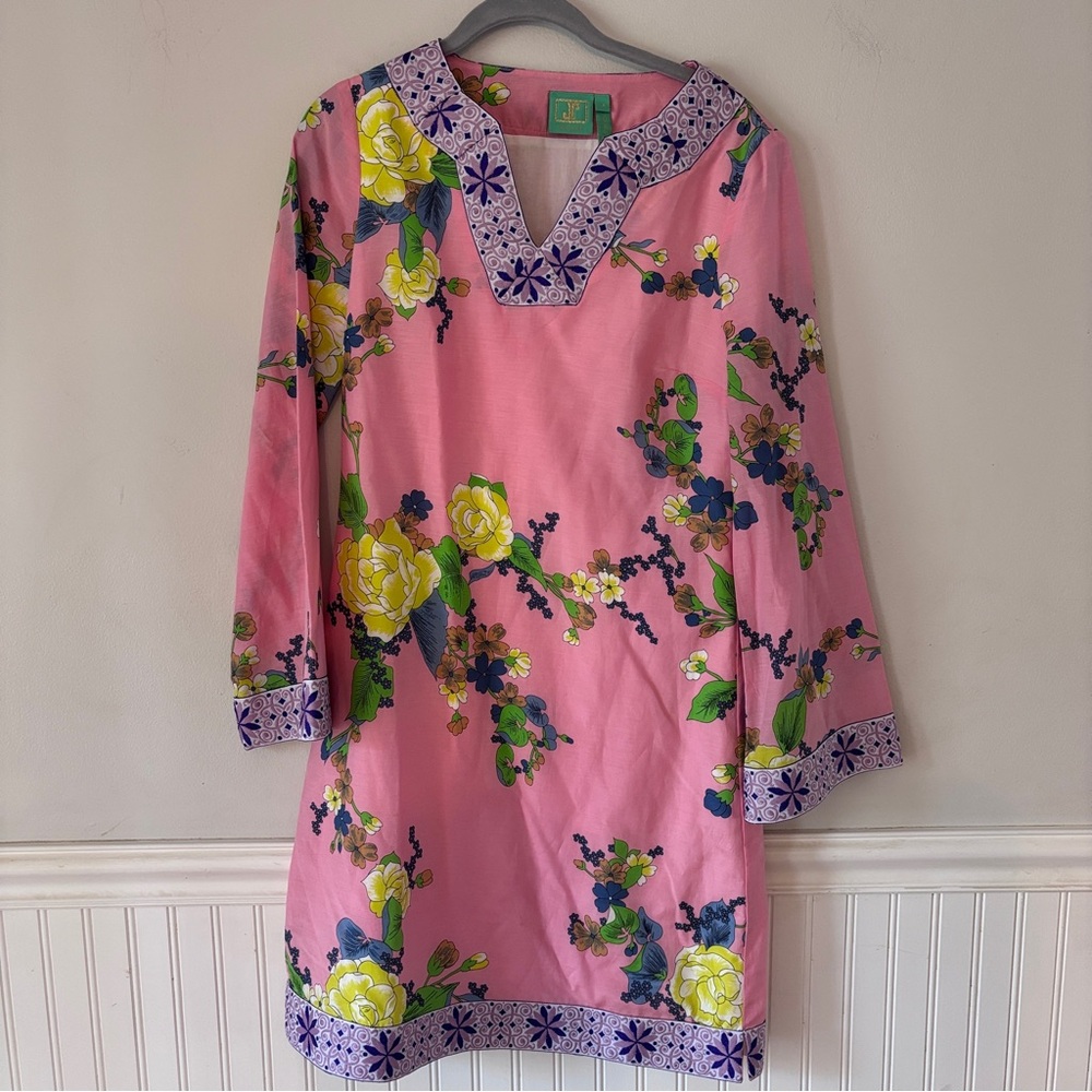 Jules Reid Pink Floral Tunic Dress with Purple Embroidered Trim 100% Cotton